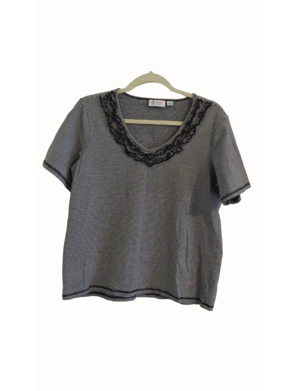 d&co Womens Top Black White Striped Ruffle Neck Short Sleeve Size L